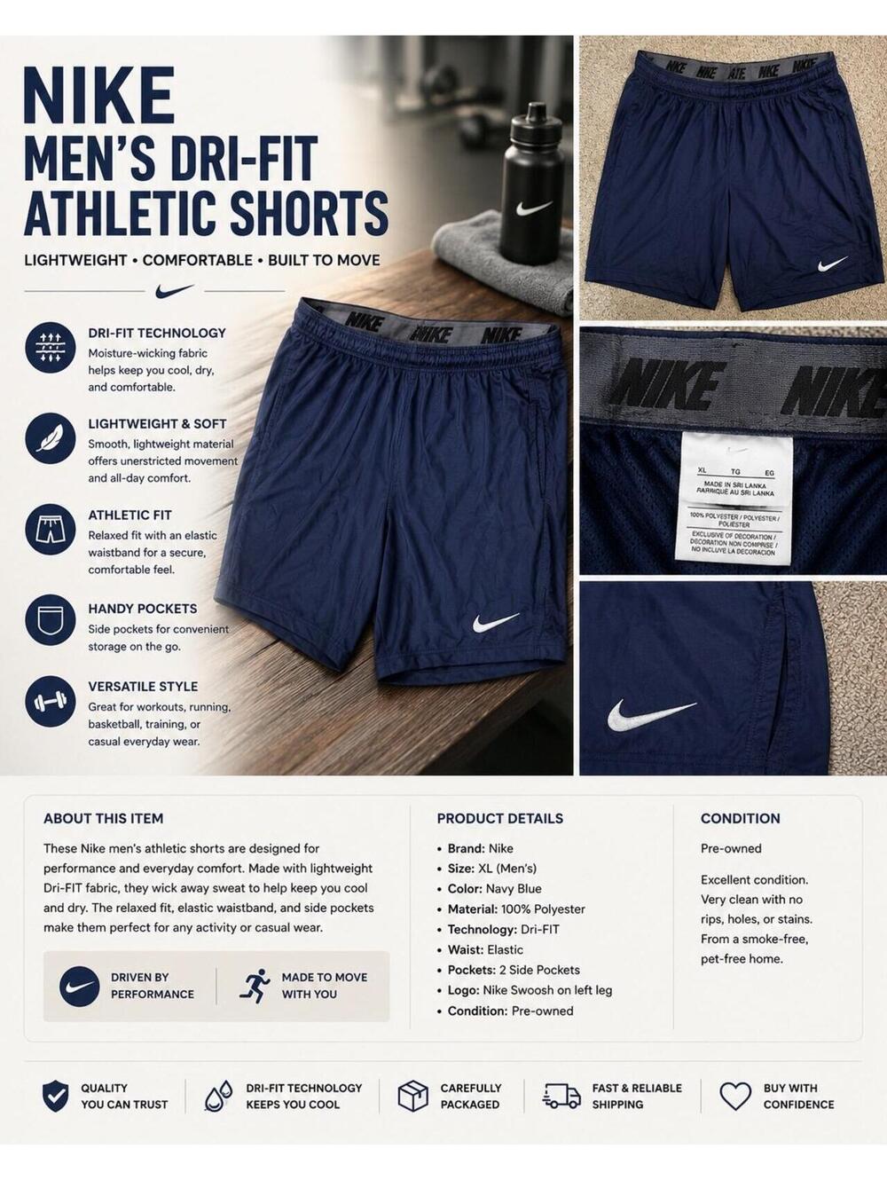 Men’s XL Nike Dri-FIT Athletic Shorts – Navy Blue Performance Shorts